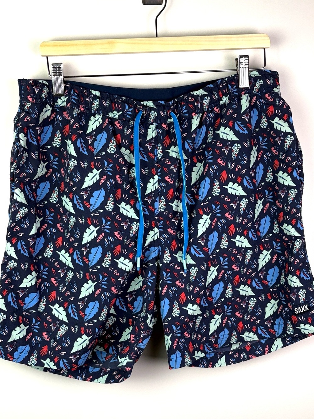 Saxx ‘Cannonball 2N1’ Navy Swim Shorts with Blue & Red Leaf Print size L